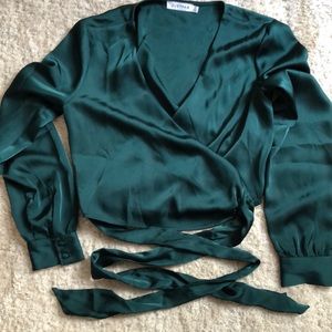 JustFab Wrap Around Blouse Dark Green Satin